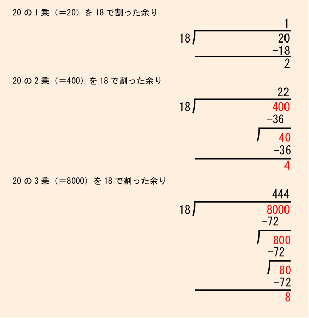 20の13乗を18で割った余りを求めよという問題をまじめに解いてみた